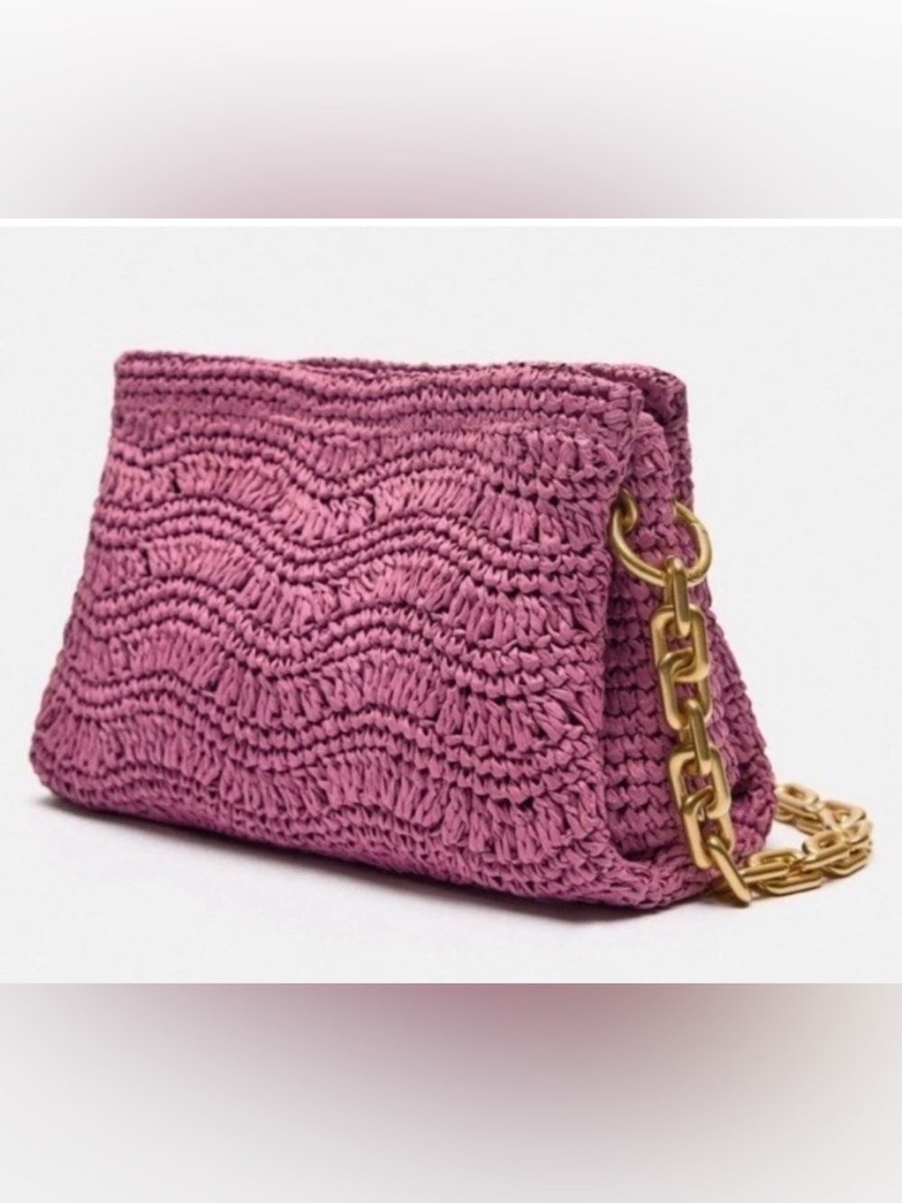 ZARA Raffia Crochet Chain Shoulder Strap Bag | Purple | Chunky Gold Link Strap